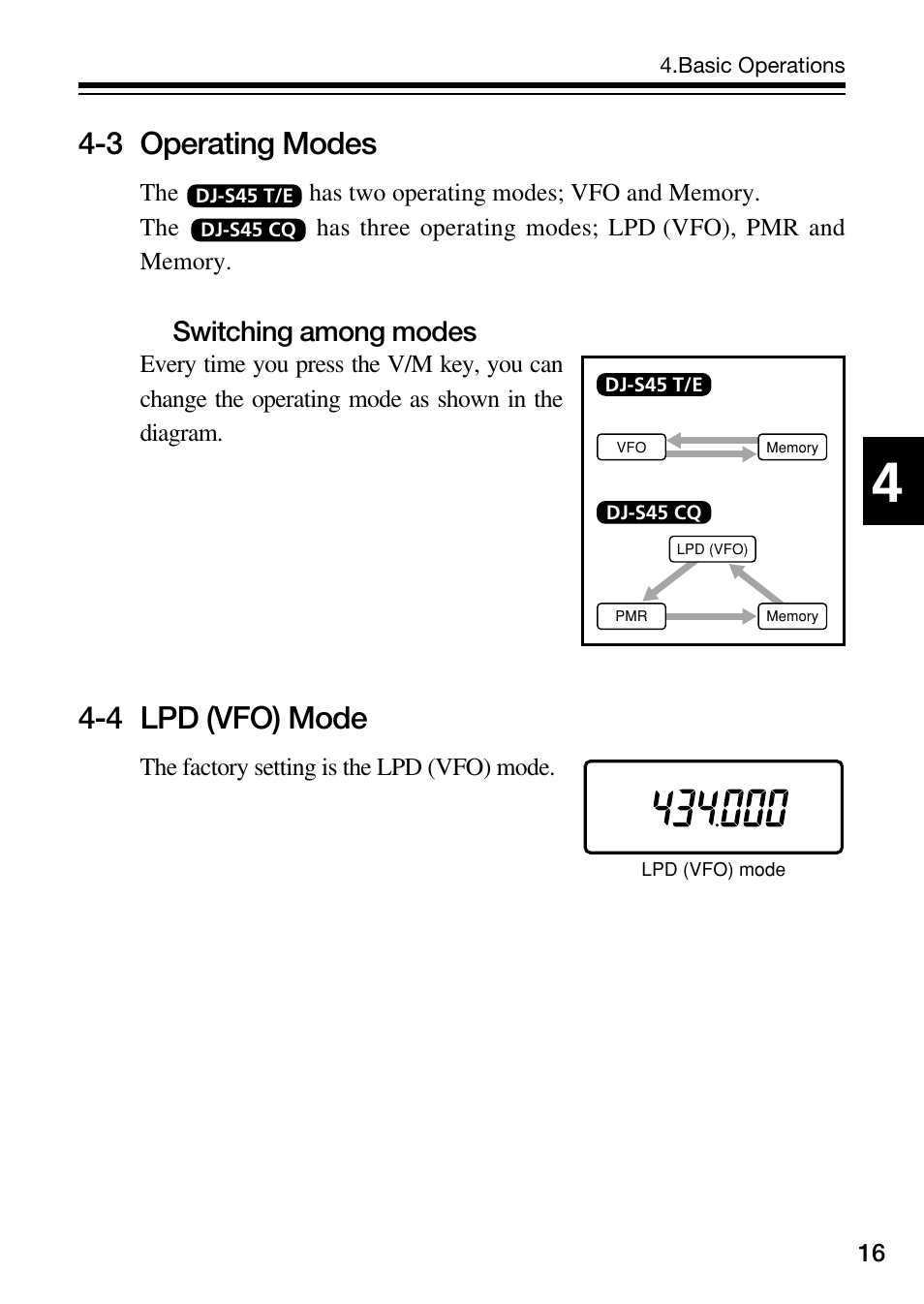 3 operating modes, 4 lpd (vfo) mode, Switching among modes | Alinco DJ-S45 User Manual | Page 17 / 48