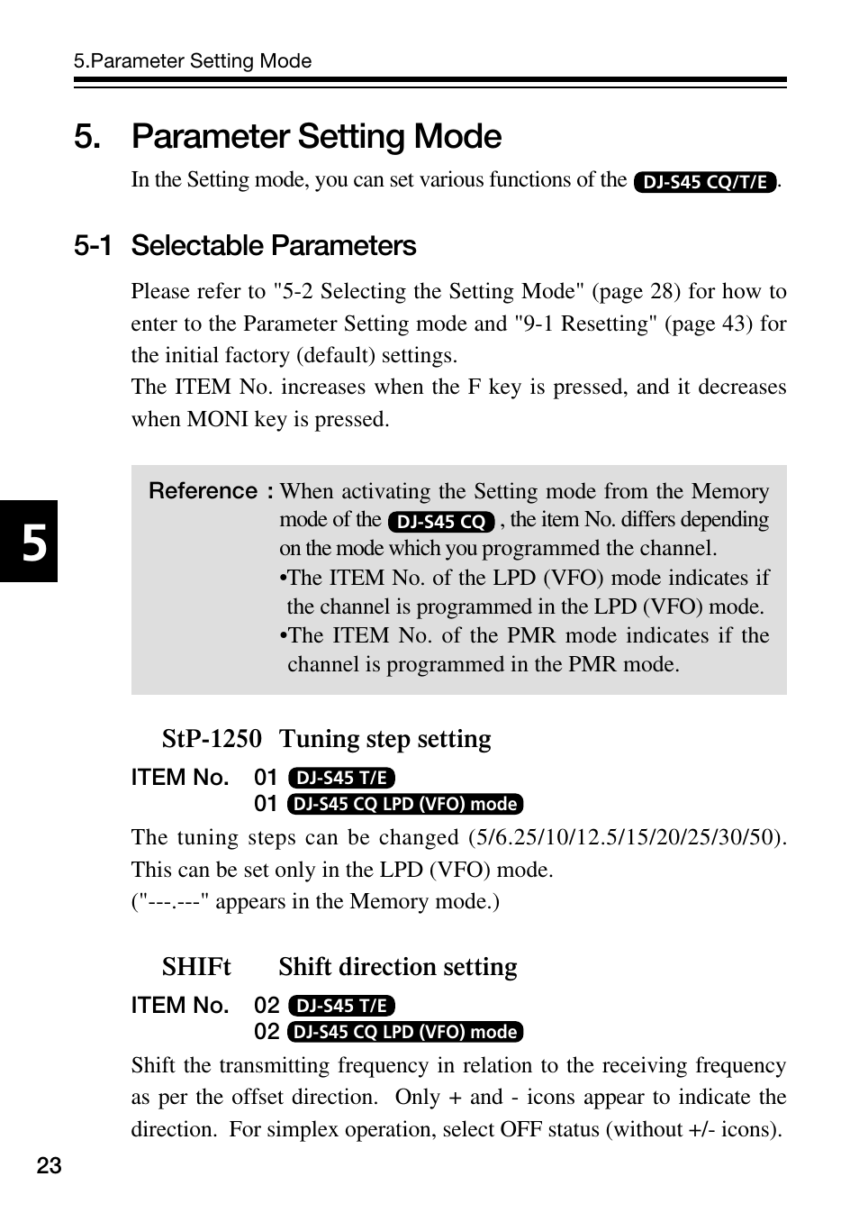 Parameter setting mode, 1 selectable parameters | Alinco DJ-S45 User Manual | Page 24 / 48