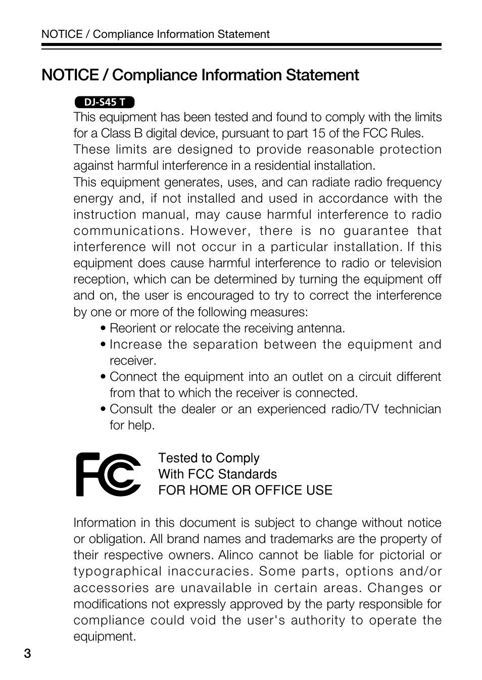 Notice / compliance information statement | Alinco DJ-S45 User Manual | Page 4 / 48