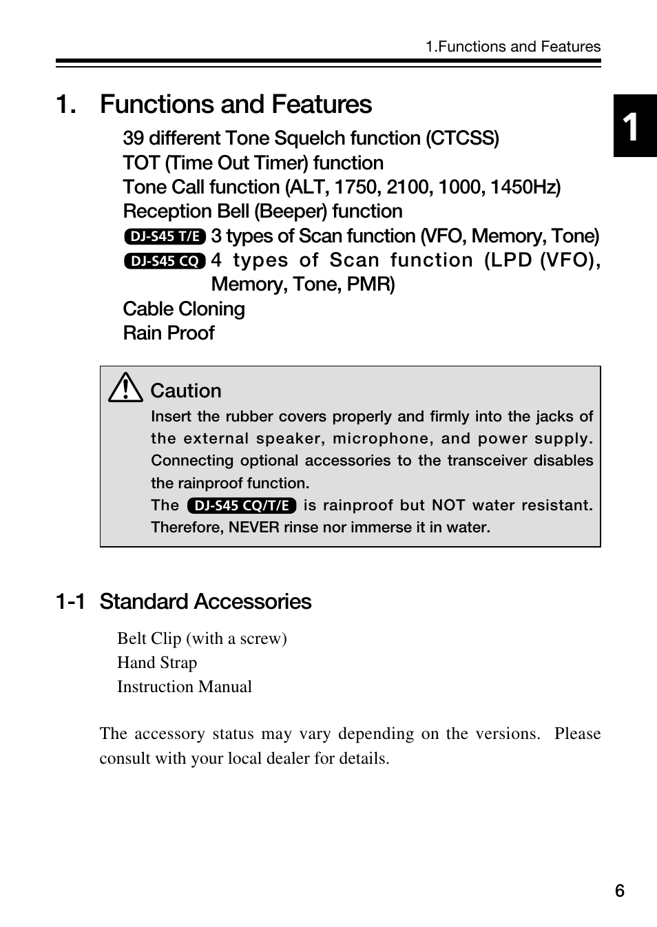 Functions and features, 1 standard accessories | Alinco DJ-S45 User Manual | Page 7 / 48