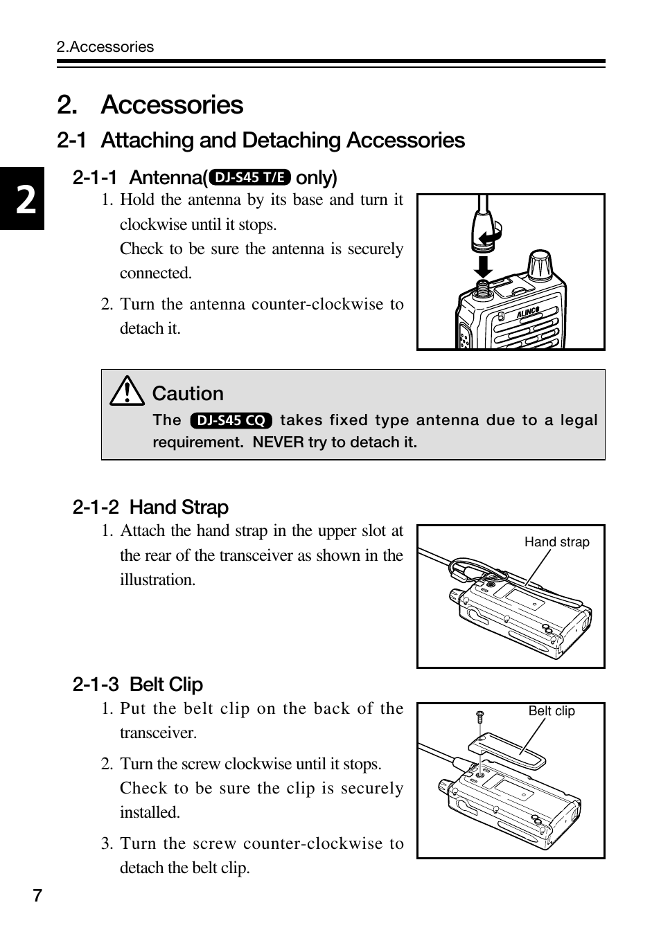 Accessories, 1 attaching and detaching accessories | Alinco DJ-S45 User Manual | Page 8 / 48
