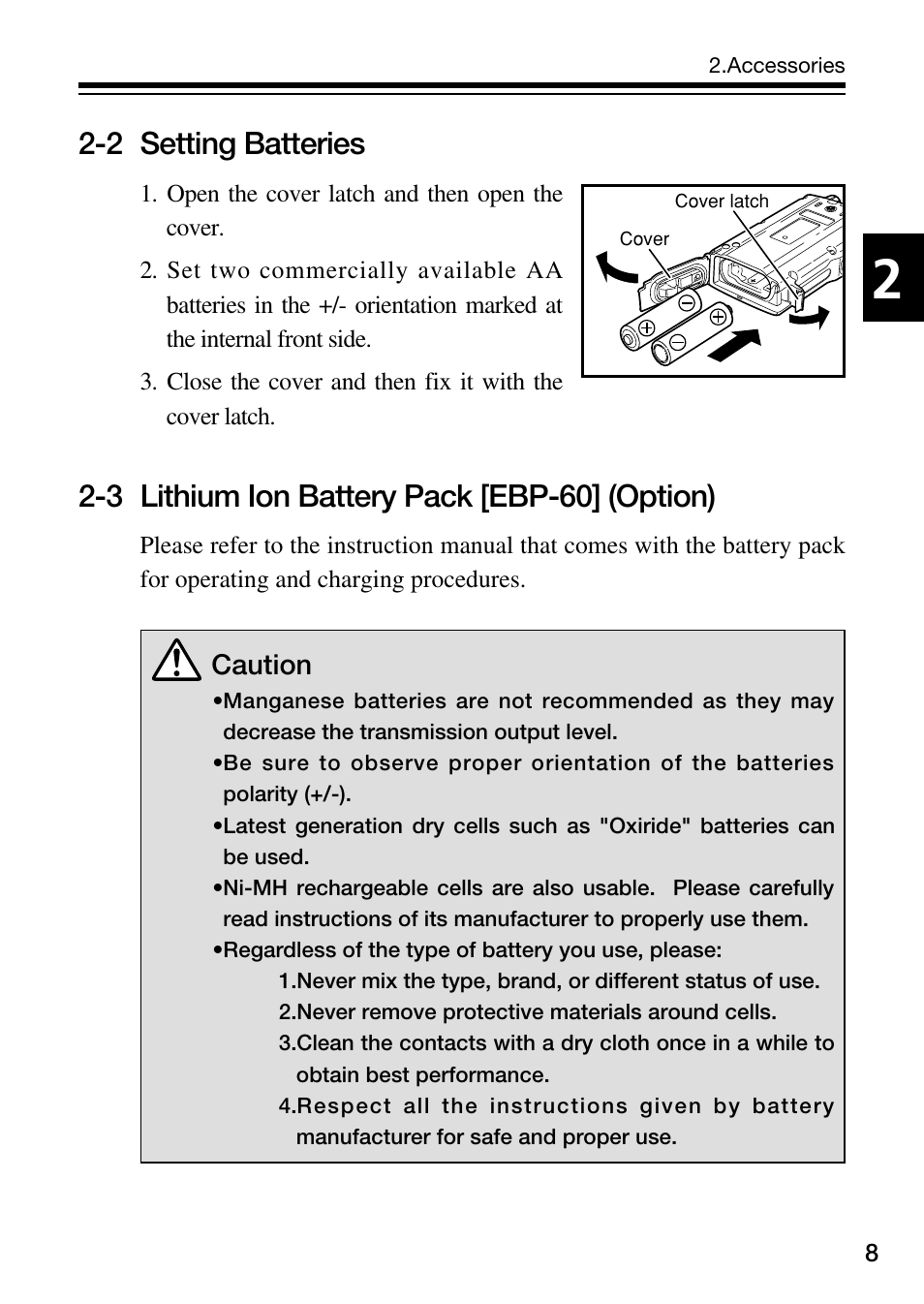 2 setting batteries, 3 lithium ion battery pack [ebp-60] (option), Caution | Alinco DJ-S45 User Manual | Page 9 / 48