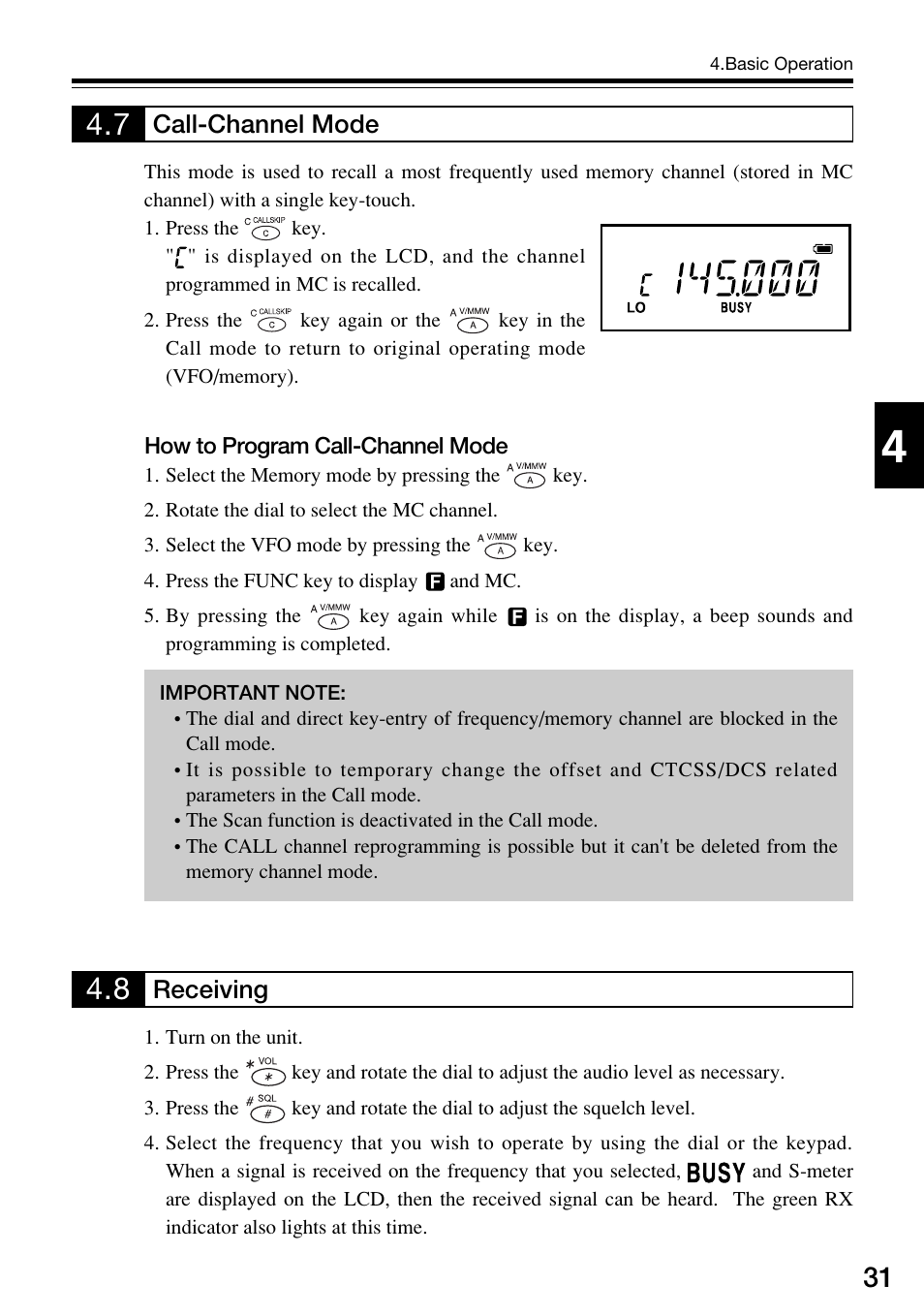 Receiving, Call-channel mode | Alinco DJ-V57 User Manual | Page 31 / 72