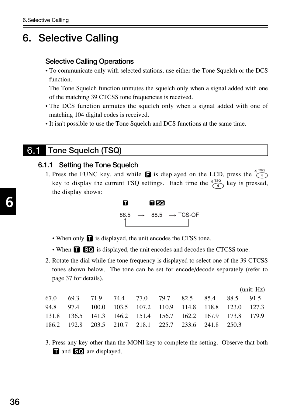 Selective calling, Tone squelch (tsq) | Alinco DJ-V57 User Manual | Page 36 / 72