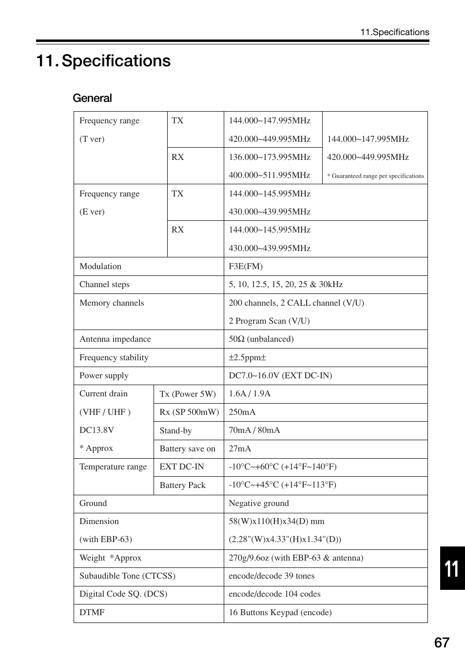 Specifications, General | Alinco DJ-V57 User Manual | Page 67 / 72