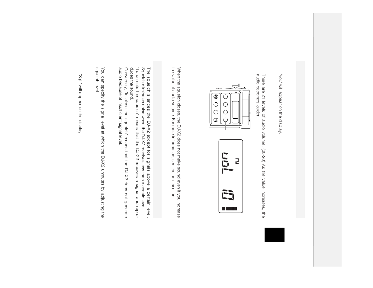 Adjusting the a udio v olume, Squelc h, Adjusting the squelc h le vel | Alinco DJ-X2 User Manual | Page 15 / 48