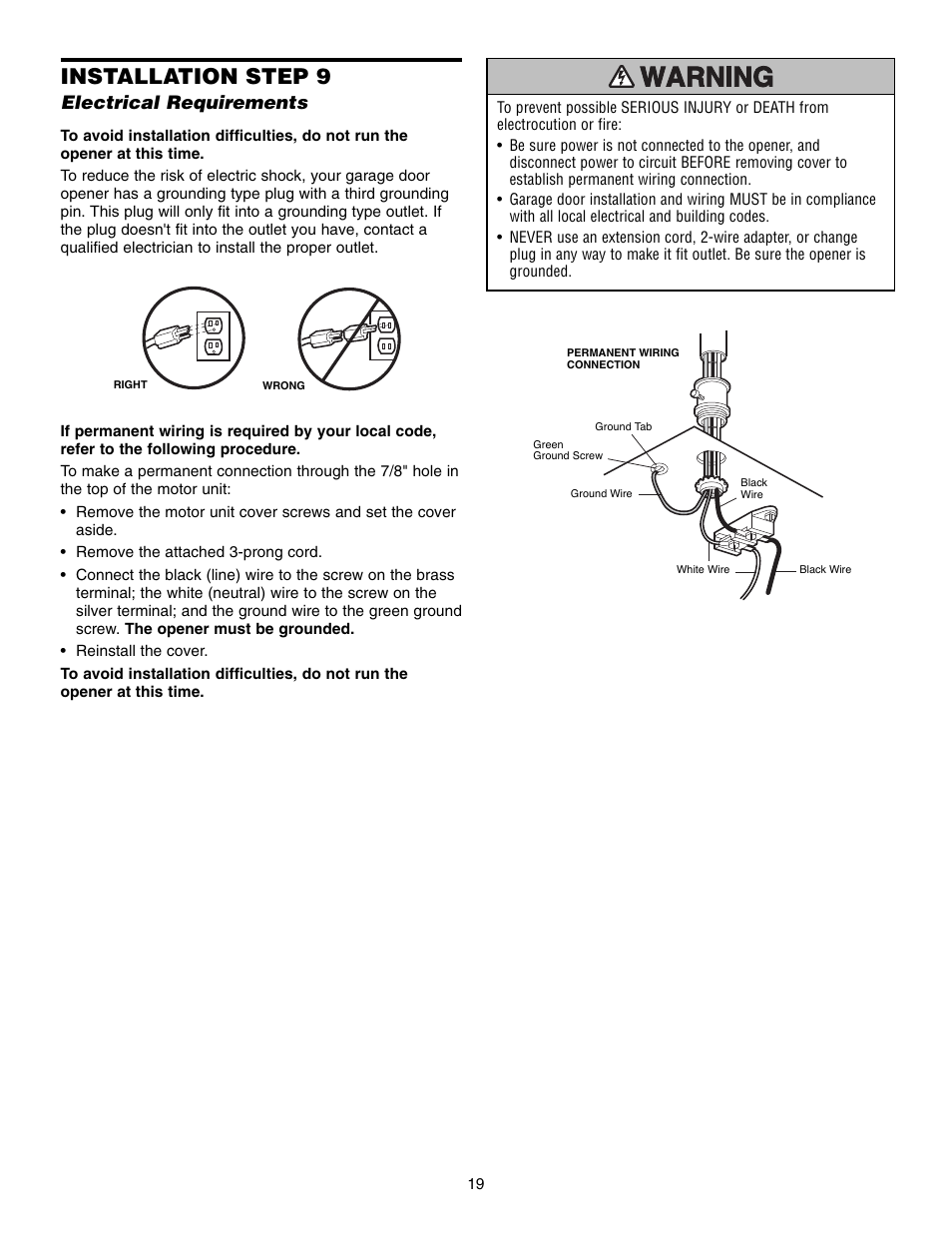 Step 9 electrical requirements, Installation step 9, Electrical requirements | Chamberlain 248735 3/4 HP User Manual | Page 19 / 40