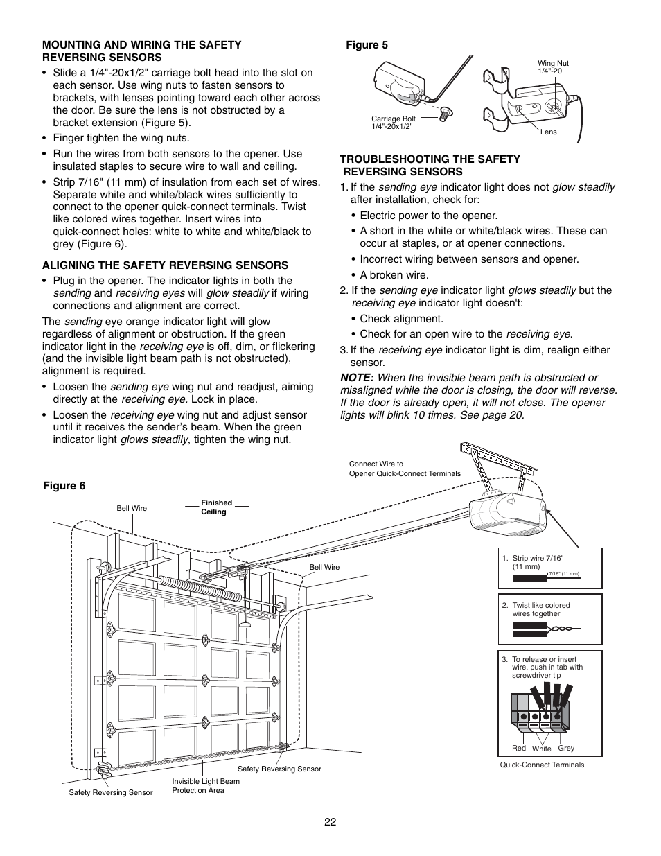 Mounting and wiring the safety reversing sensors, Aligning the safety reversing sensors, Troubleshooting the safety reversing sensors | Chamberlain 248735 3/4 HP User Manual | Page 22 / 40