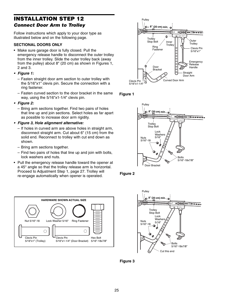 Step 12 connect door arm to trolley, Installation step 12, Connect door arm to trolley | Chamberlain 248735 3/4 HP User Manual | Page 25 / 40