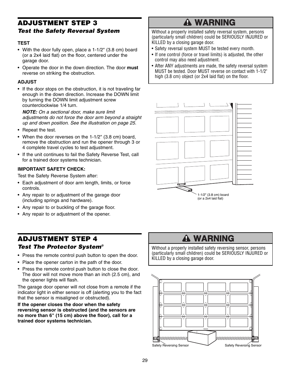 Step 3 test the safety reversal system, Step 4 test the protector system, Adjustment step 3 | Adjustment step 4 | Chamberlain 248735 3/4 HP User Manual | Page 29 / 40