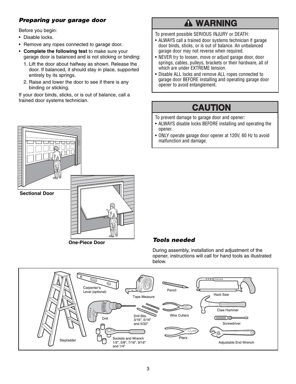 Preparing your garage door, Tools needed | Chamberlain 248735 3/4 HP User Manual | Page 3 / 40