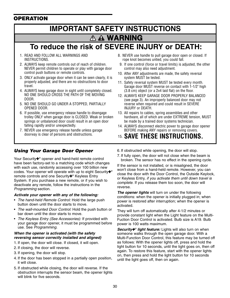 Operation, Using your garage door opener, Save these instructions | Chamberlain 248735 3/4 HP User Manual | Page 30 / 40
