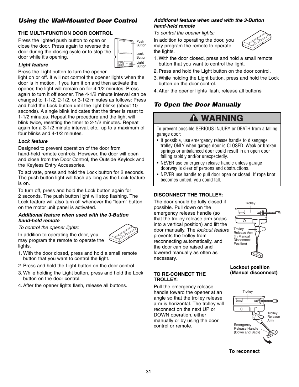 Using the wall-mounted door control, To open the door manually | Chamberlain 248735 3/4 HP User Manual | Page 31 / 40