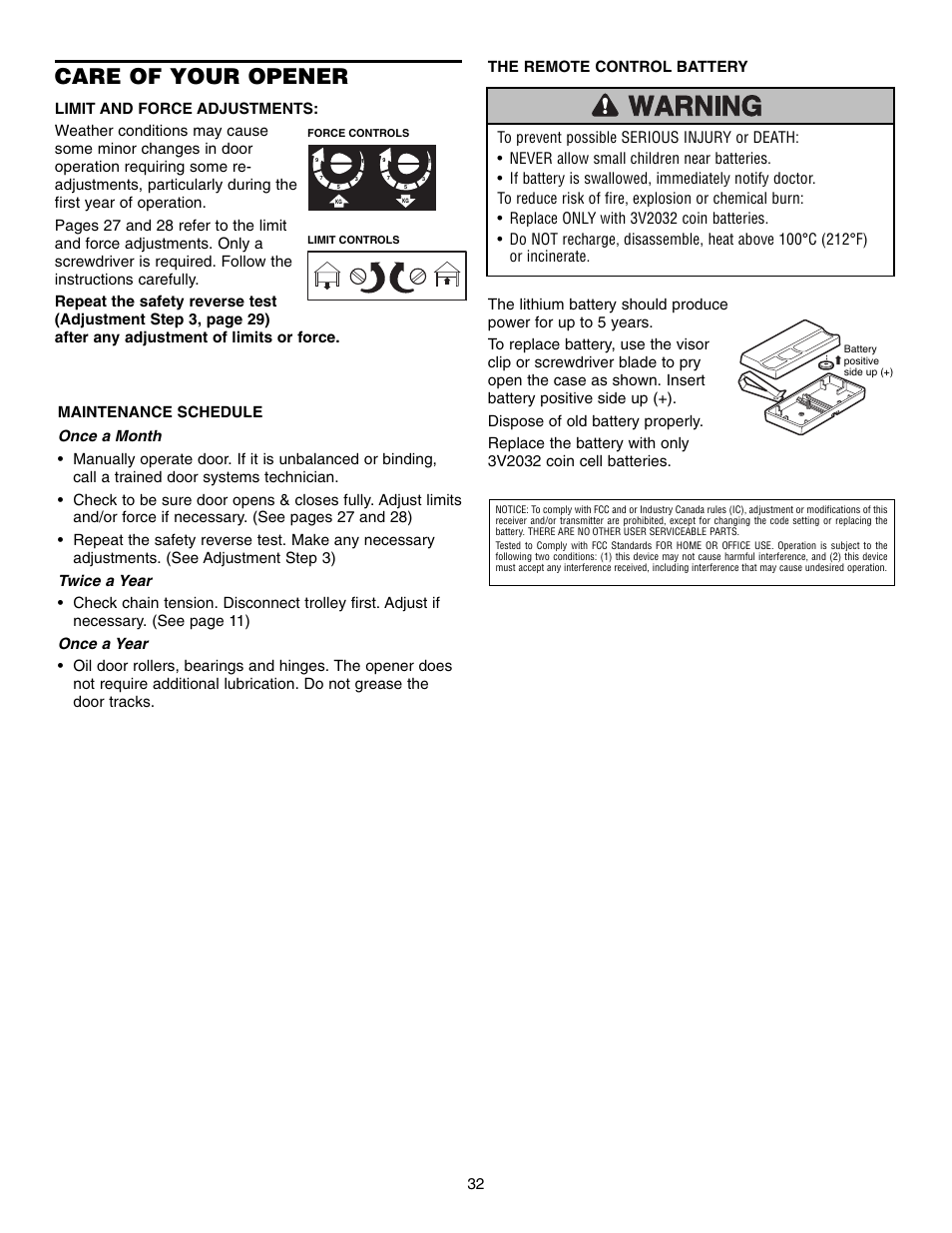 Care of your opener | Chamberlain 248735 3/4 HP User Manual | Page 32 / 40