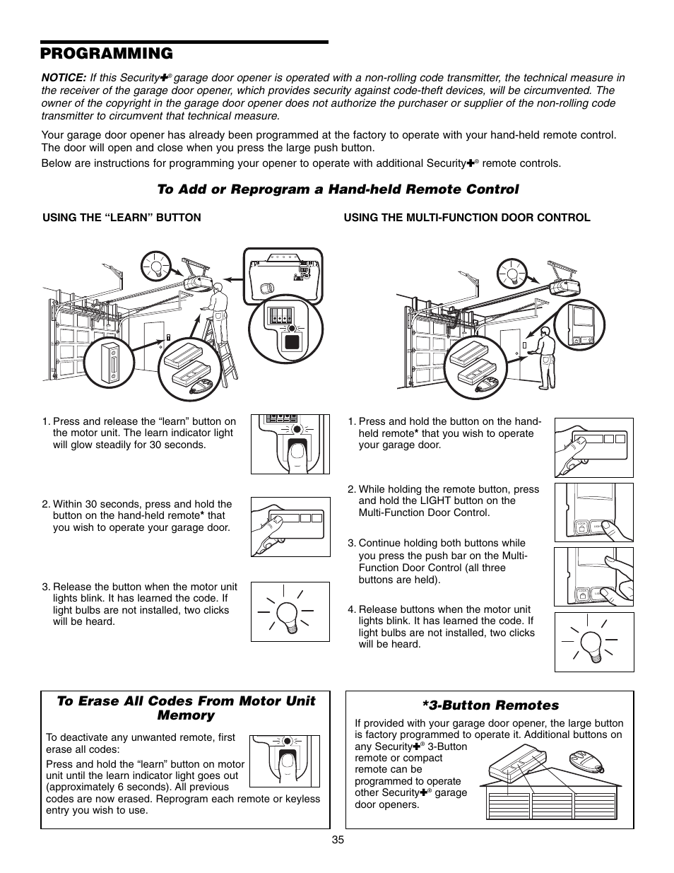 Programming, To add or reprogram a hand-held remote control, To erase all codes from motor unit memory | Button remotes | Chamberlain 248735 3/4 HP User Manual | Page 35 / 40