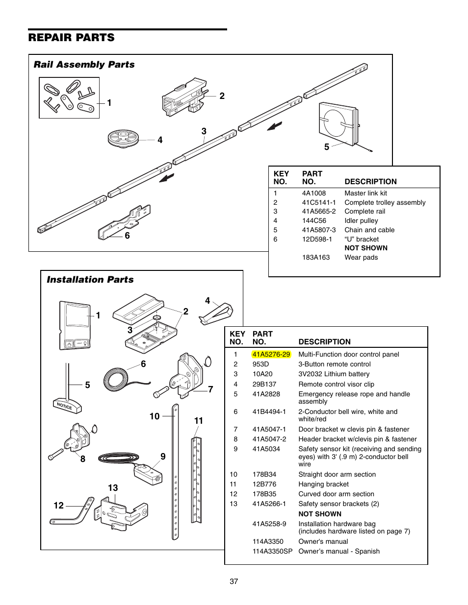 Repair parts, Rail assembly parts, Installation parts | Chamberlain 248735 3/4 HP User Manual | Page 37 / 40