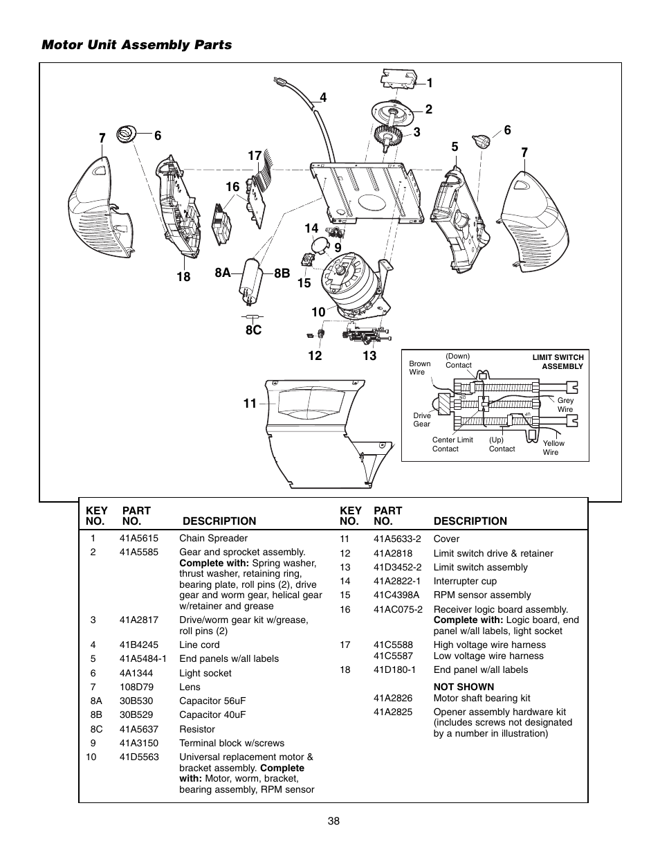 Motor unit assembly parts | Chamberlain 248735 3/4 HP User Manual | Page 38 / 40