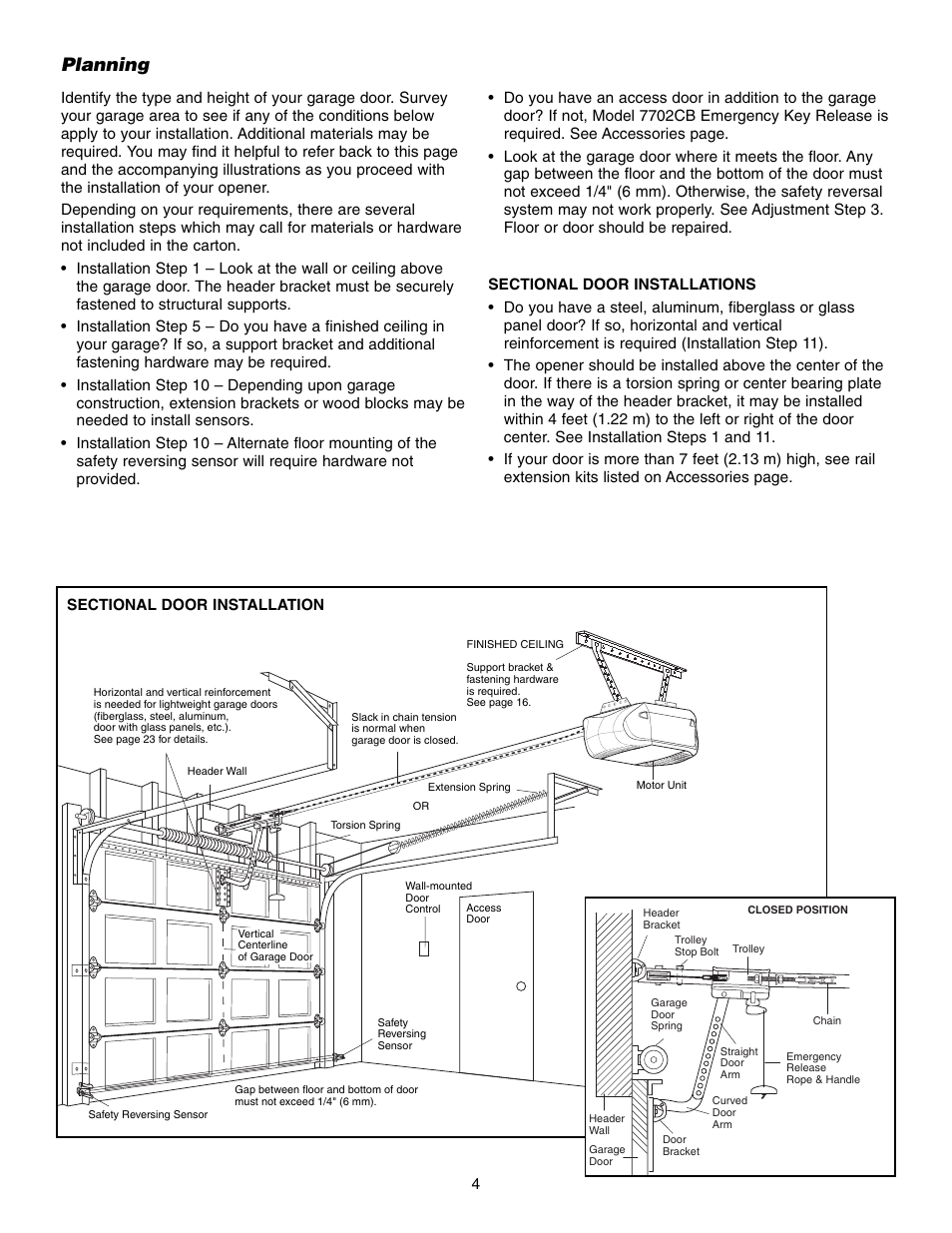 Planning, Sectional door installations | Chamberlain 248735 3/4 HP User Manual | Page 4 / 40