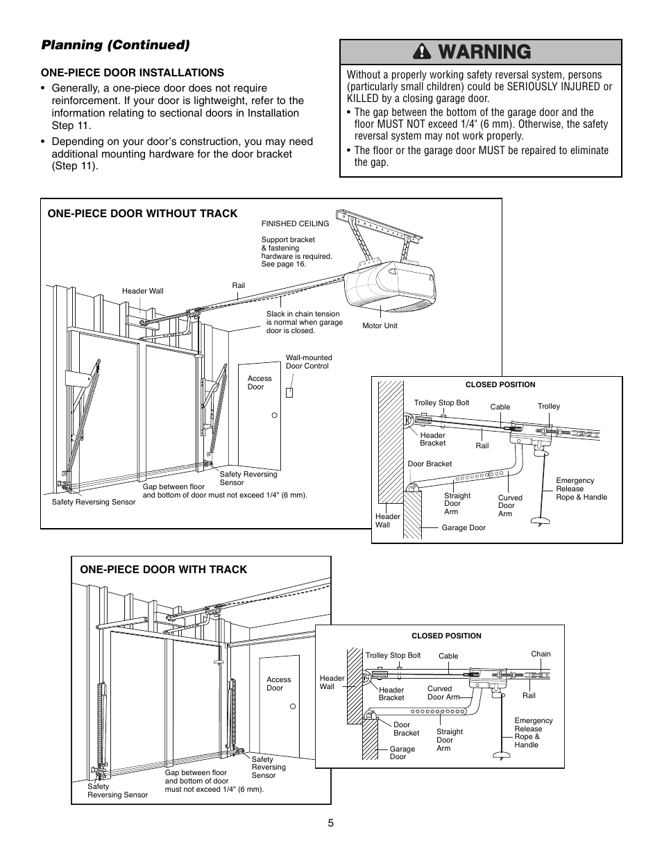 One-piece door installations, Planning (continued), One-piece door without track | Chamberlain 248735 3/4 HP User Manual | Page 5 / 40