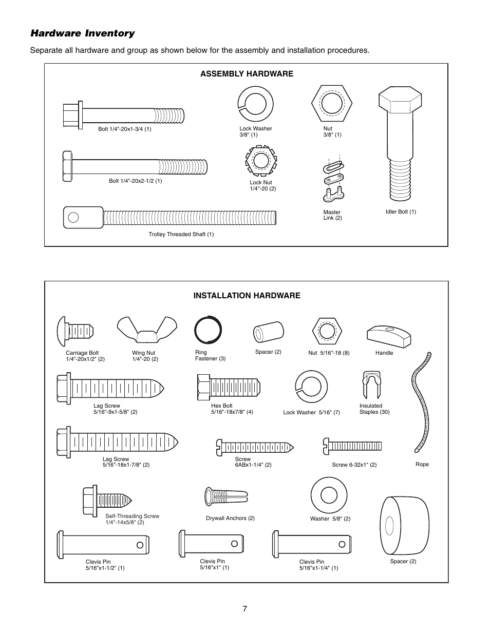 Hardware inventory | Chamberlain 248735 3/4 HP User Manual | Page 7 / 40