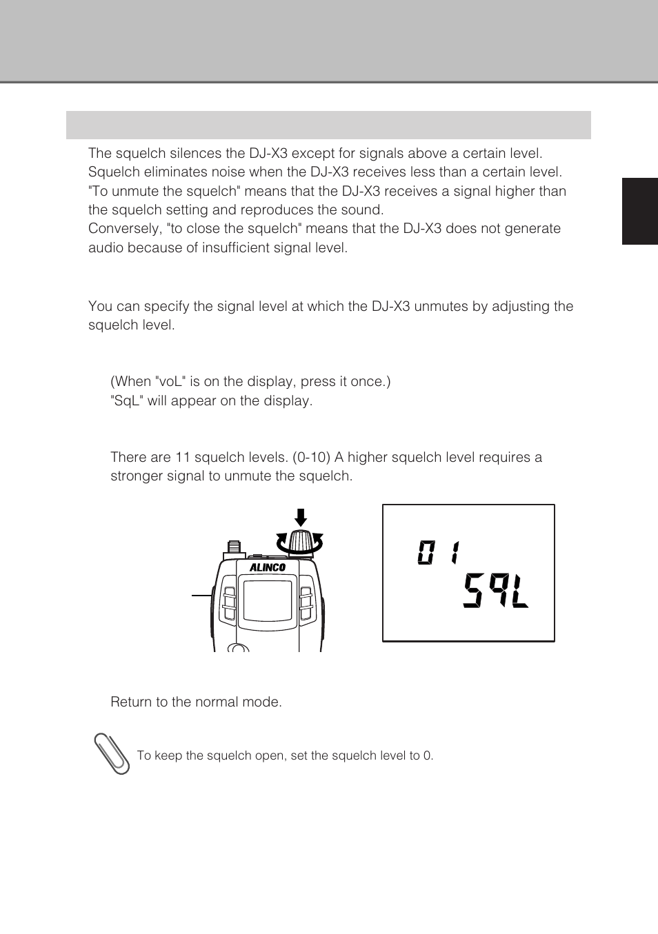 Adjusting the squelch, Adjusting the squelch level | Alinco DJ-X3 User Manual | Page 17 / 52