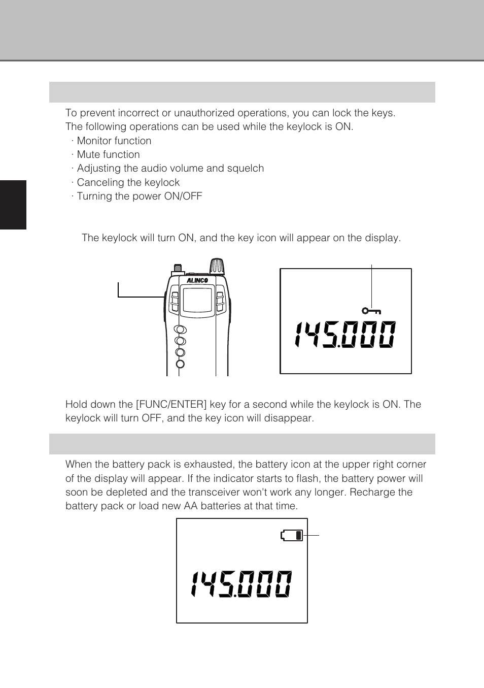 Keylock, Battery charge indicator | Alinco DJ-X3 User Manual | Page 34 / 52