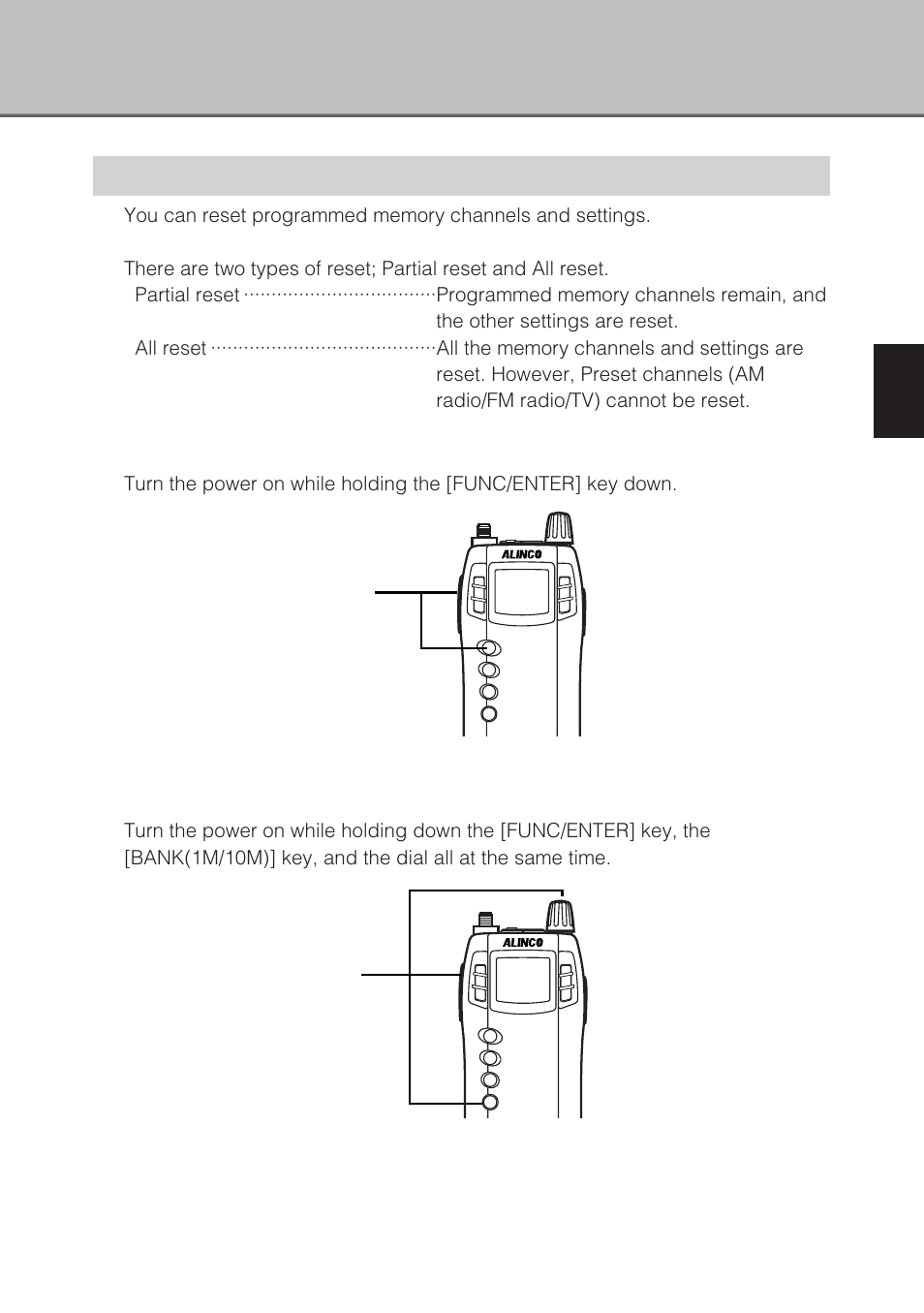 Resetting, How to reset partially, How to reset all | Useful functions o f the dj-x3 | Alinco DJ-X3 User Manual | Page 35 / 52