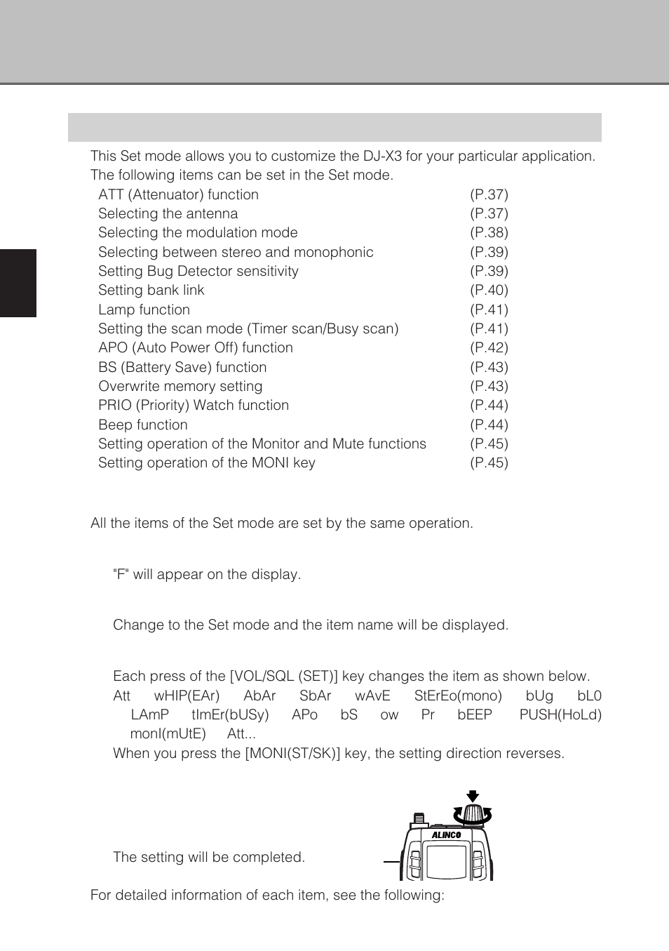 The set mode function, Setting each item | Alinco DJ-X3 User Manual | Page 36 / 52