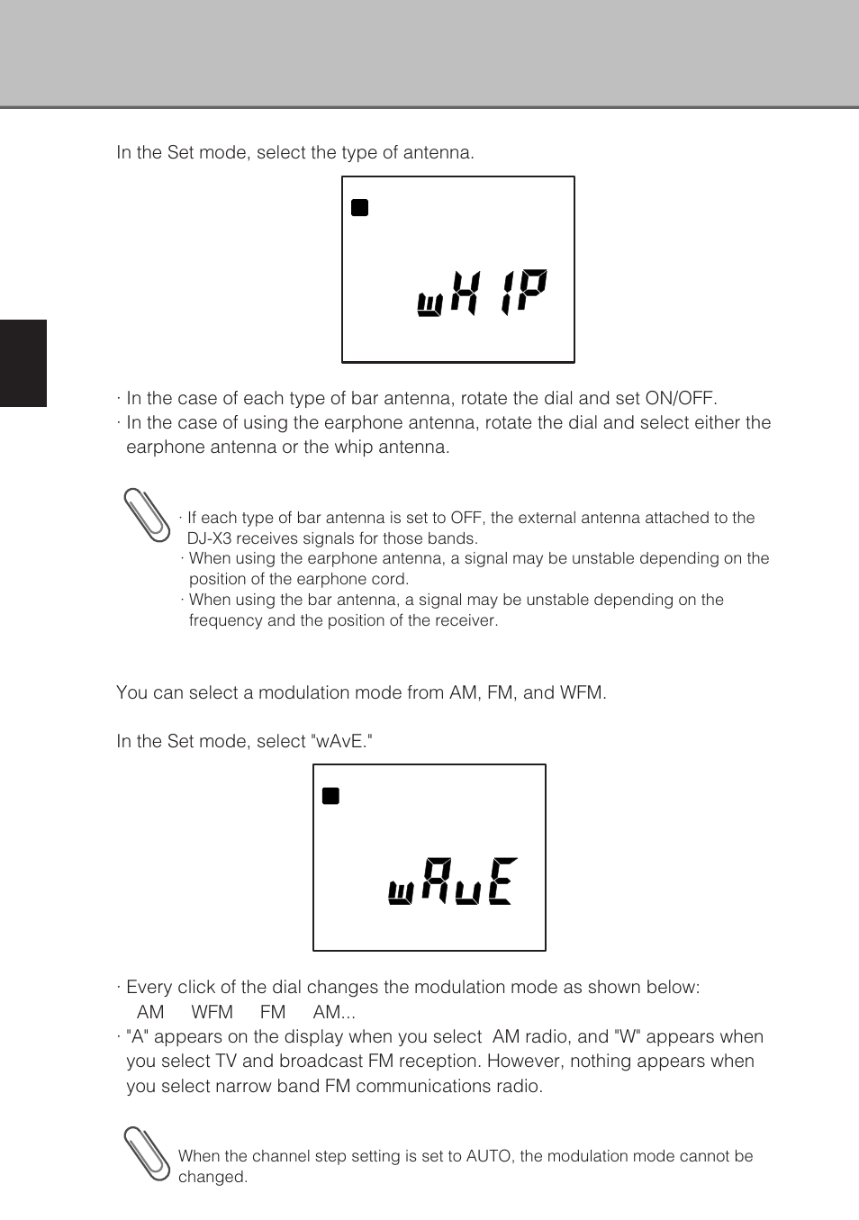 Selecting the modulation mode | Alinco DJ-X3 User Manual | Page 38 / 52