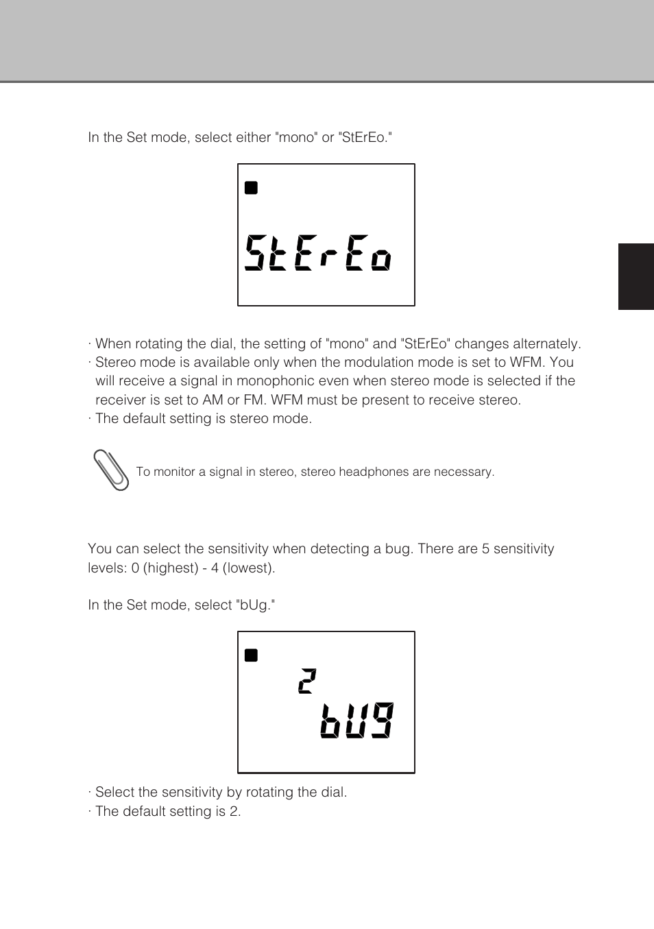 Selecting between stereo and monophonic, Setting bug detector sensitivity | Alinco DJ-X3 User Manual | Page 39 / 52