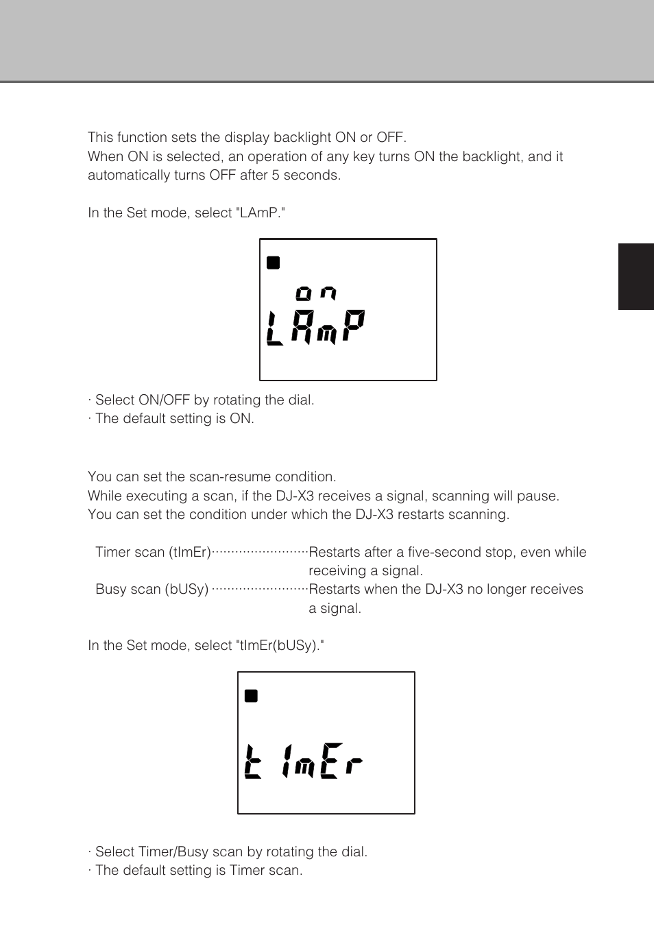 Lamp function, Setting the scan mode (timer scan/busy scan) | Alinco DJ-X3 User Manual | Page 41 / 52