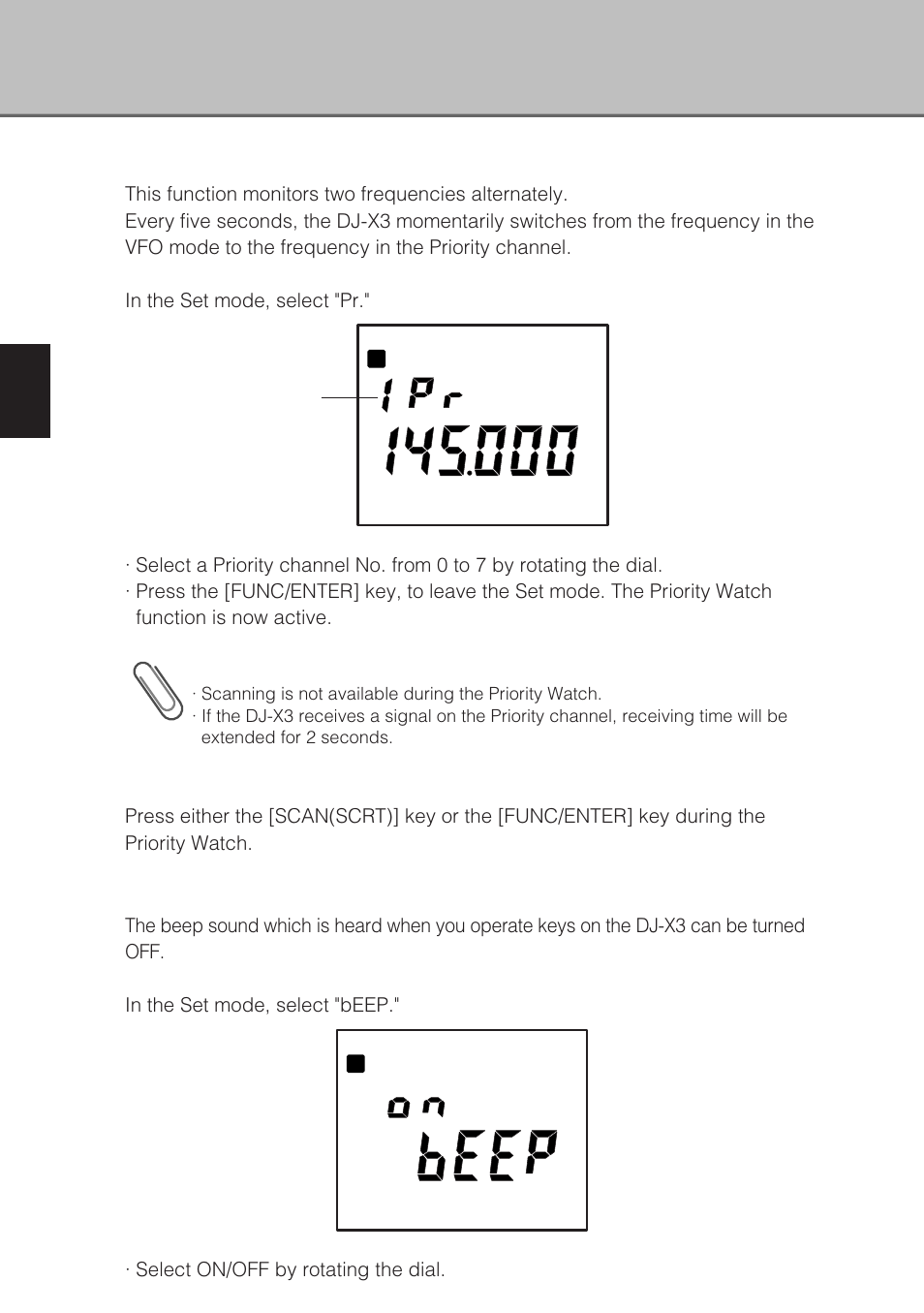 Prio (priority) watch function, Beep function | Alinco DJ-X3 User Manual | Page 44 / 52