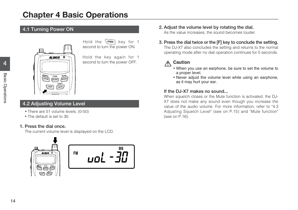 Chapter 4 basic operations, 1 turning power on, 2 adjusting volume level | Press the dial once, Adjust the volume level by rotating the dial, Caution, If the dj-x7 makes no sound | Alinco DJ-X7 User Manual | Page 14 / 42