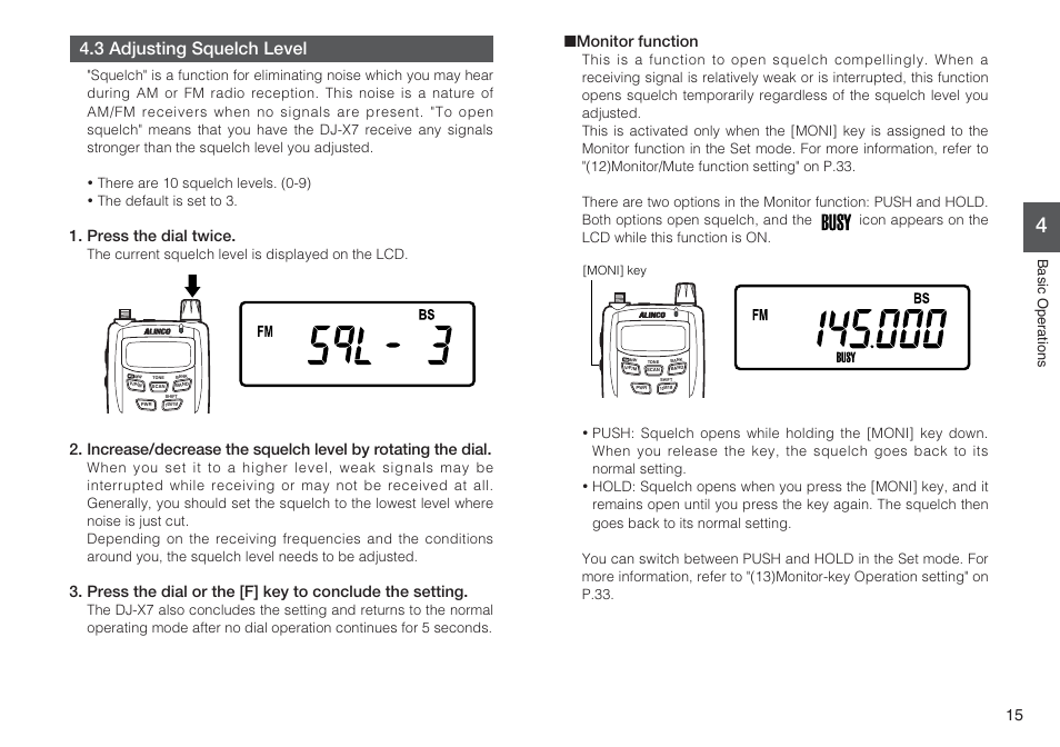 3 adjusting squelch level, Press the dial twice, Monitor function | Alinco DJ-X7 User Manual | Page 15 / 42