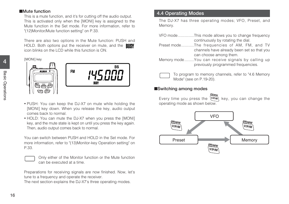 4 operating modes, Mute function, Switching among modes | Alinco DJ-X7 User Manual | Page 16 / 42