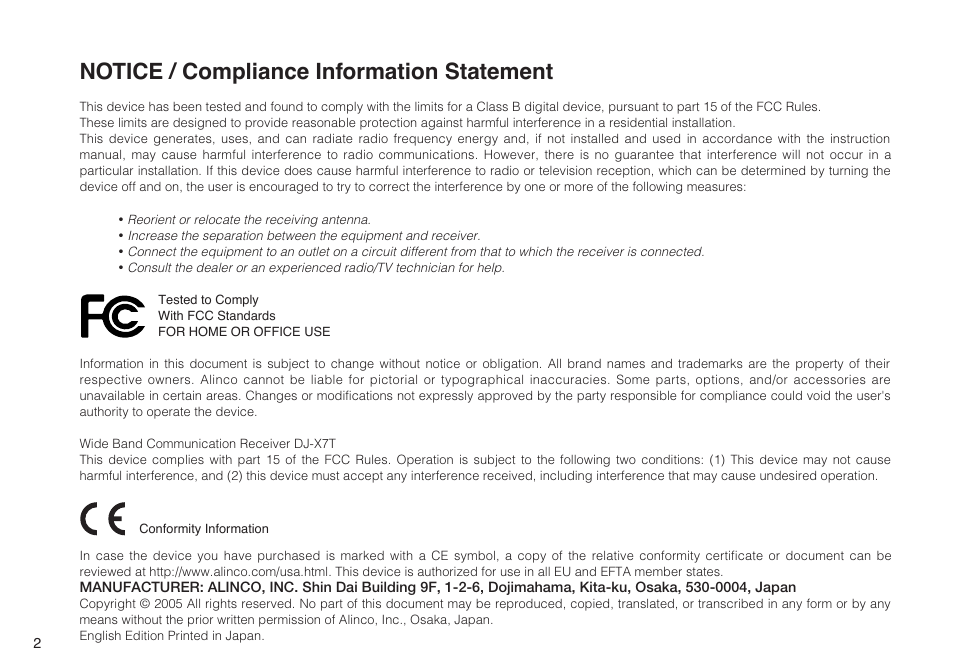 Notice / compliance information statement | Alinco DJ-X7 User Manual | Page 2 / 42