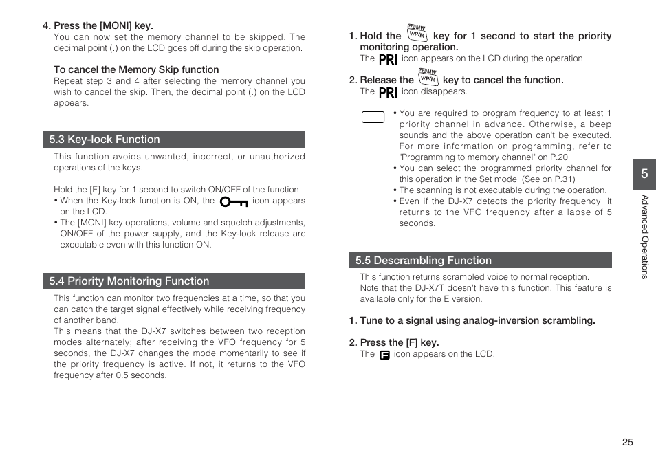 3 key-lock function, 4 priority monitoring function, 5 descrambling function | Alinco DJ-X7 User Manual | Page 25 / 42