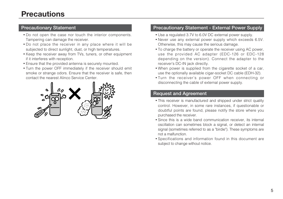 Precautions | Alinco DJ-X7 User Manual | Page 5 / 42