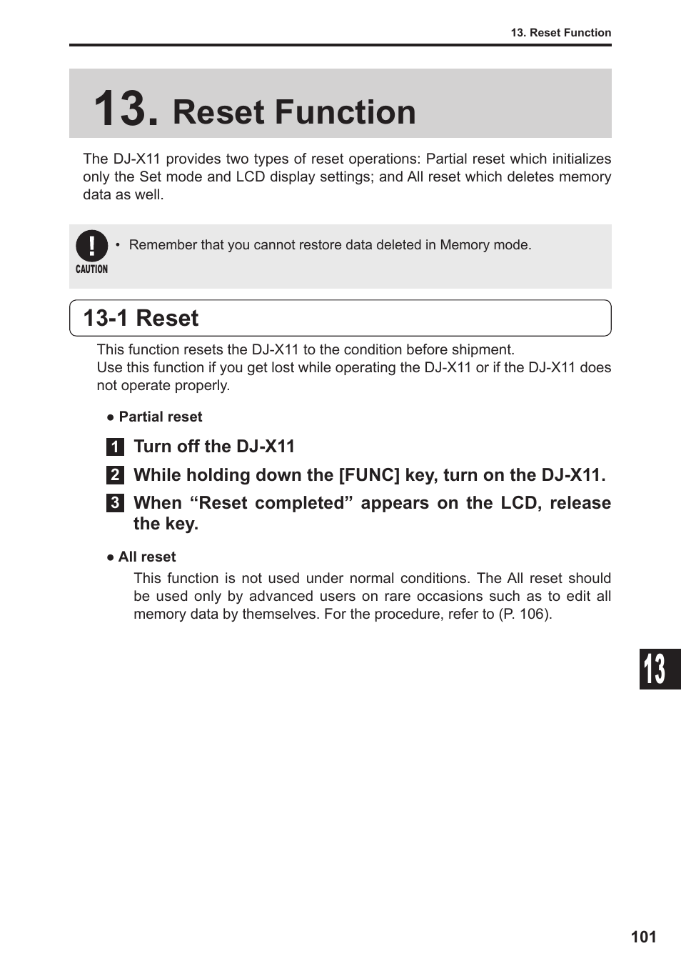 Reset function, 1 reset | Alinco DJ-X11 User Manual | Page 101 / 113