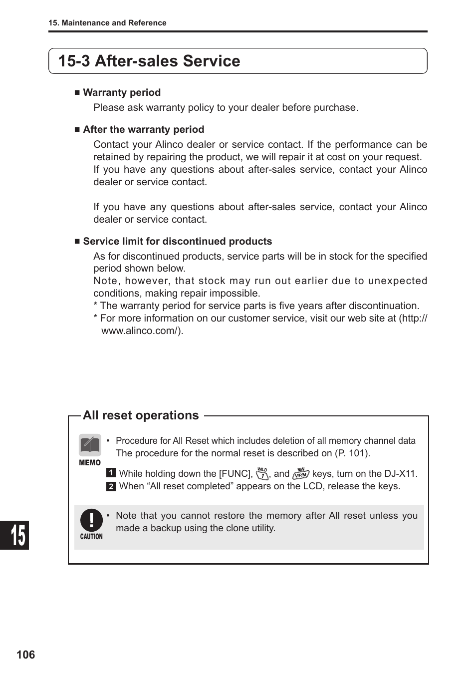 3 after-sales service, All reset operations | Alinco DJ-X11 User Manual | Page 106 / 113