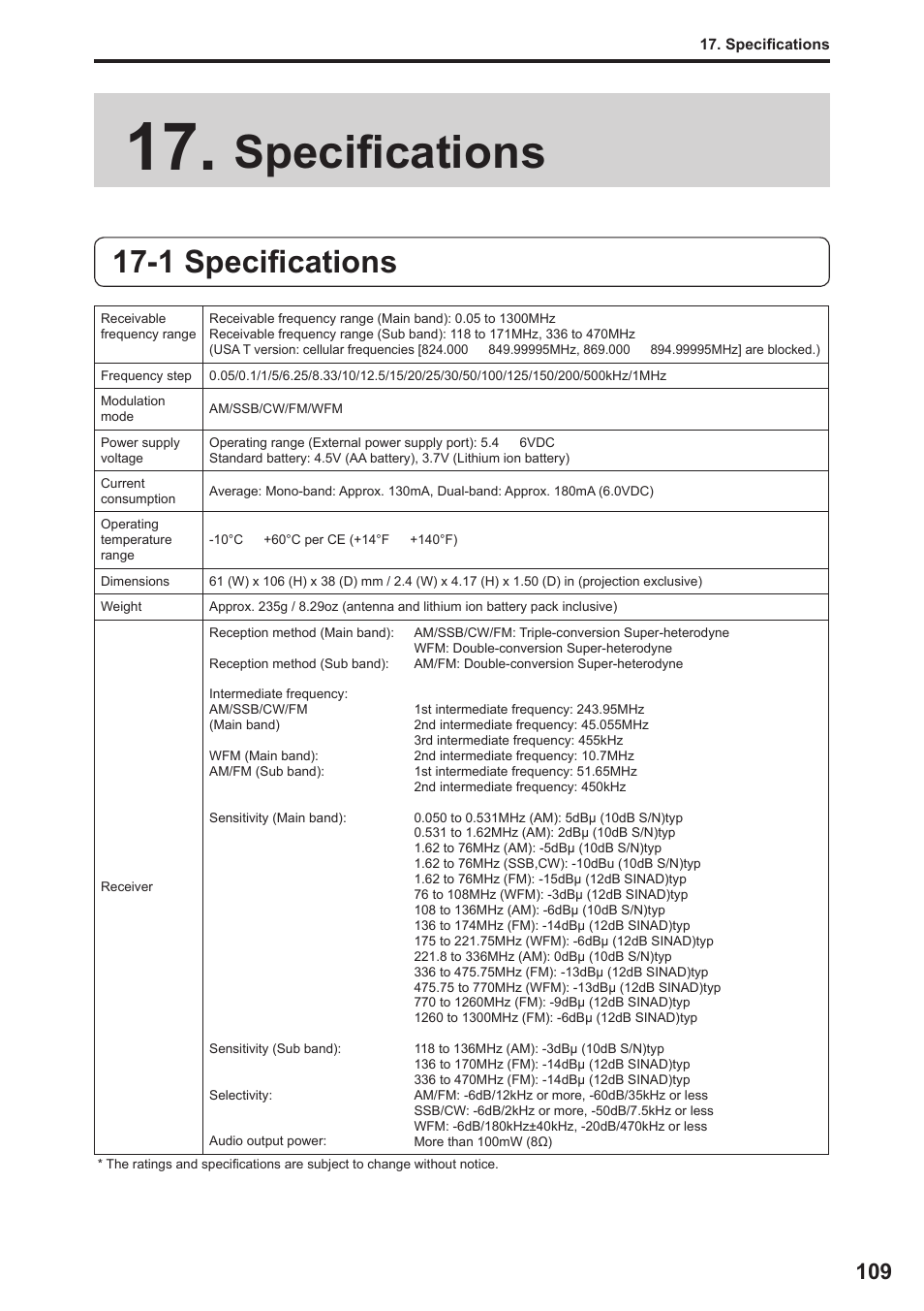 Specifi cations, 1 specifi cations | Alinco DJ-X11 User Manual | Page 109 / 113