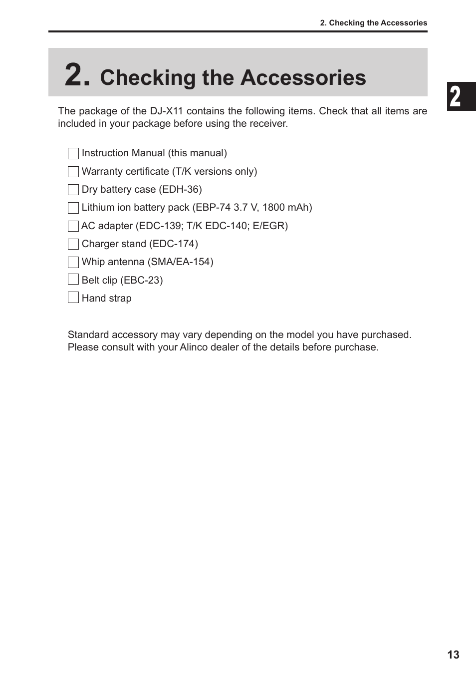Checking the accessories | Alinco DJ-X11 User Manual | Page 13 / 113
