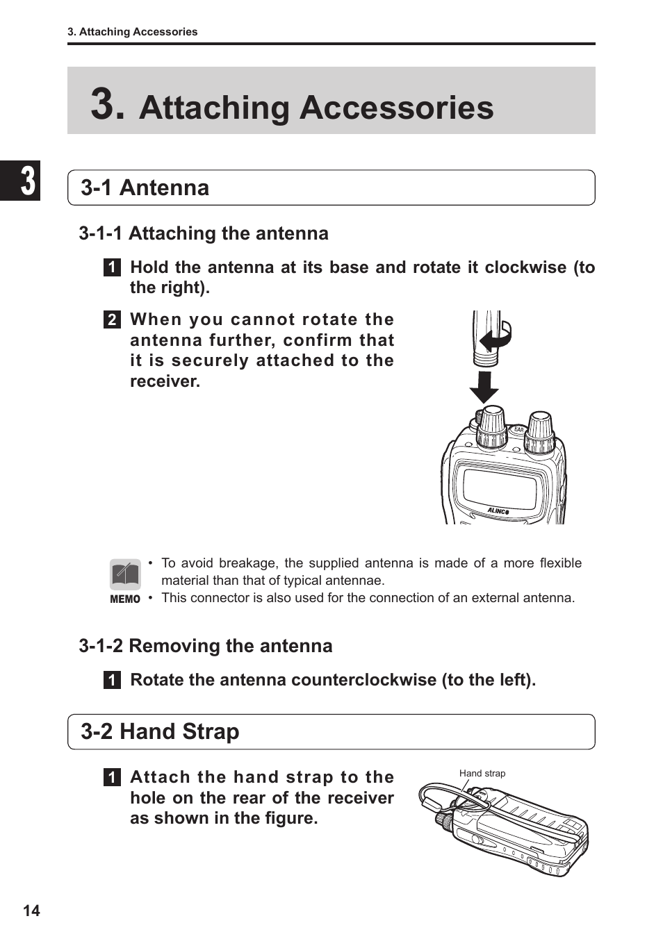 Attaching accessories, 1 antenna, 2 hand strap | Alinco DJ-X11 User Manual | Page 14 / 113