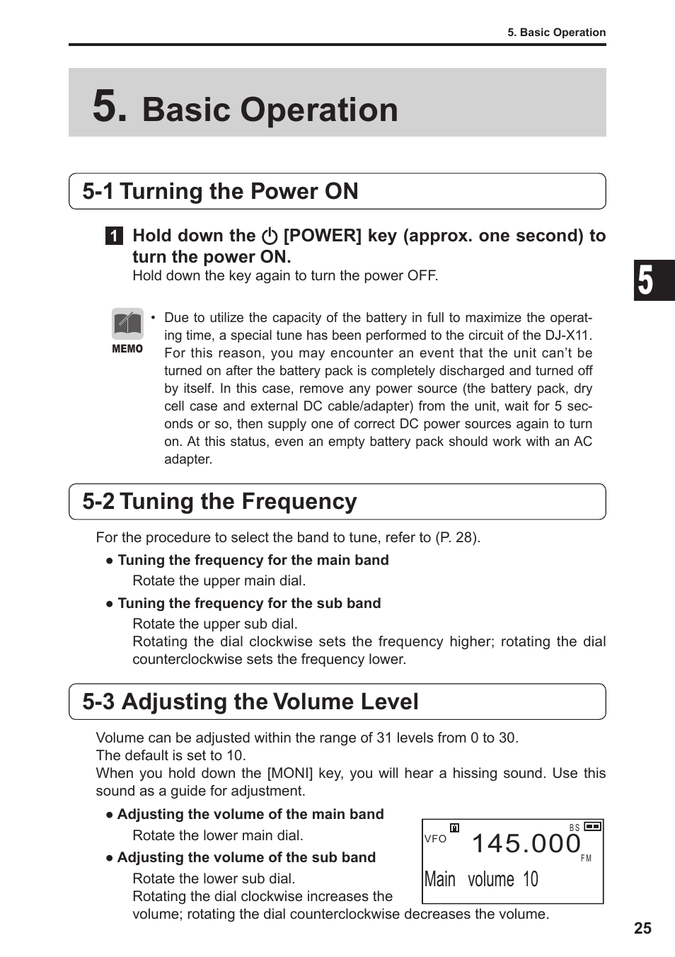 Basic operation, 1 turning the power on, 2 tuning the frequency | 3 adjusting the volume level, Main volume 10 | Alinco DJ-X11 User Manual | Page 25 / 113