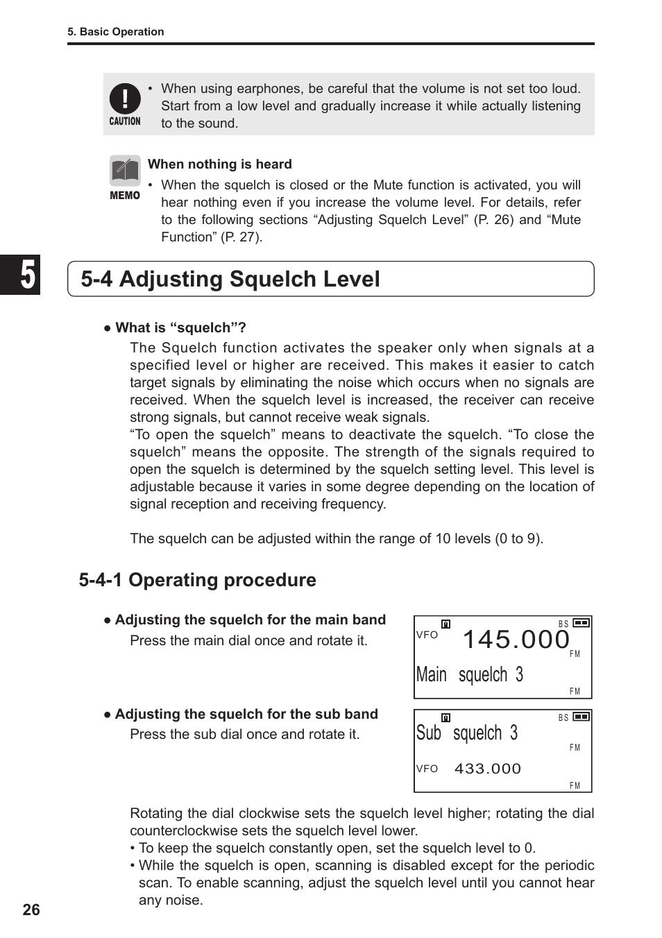 4 adjusting squelch level, Main squelch 3, Sub squelch 3 | 4-1 operating procedure | Alinco DJ-X11 User Manual | Page 26 / 113