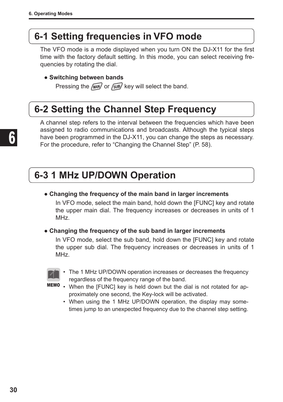 1 setting frequencies in vfo mode, 2 setting the channel step frequency, 3 1 mhz up/down operation | Alinco DJ-X11 User Manual | Page 30 / 113