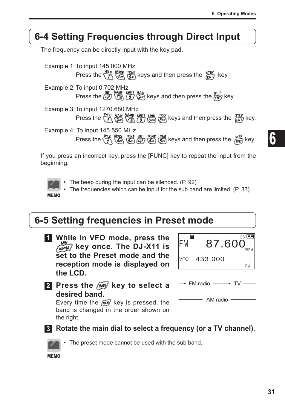 4 setting frequencies through direct input, 5 setting frequencies in preset mode, Press the key to select a desired band | Alinco DJ-X11 User Manual | Page 31 / 113