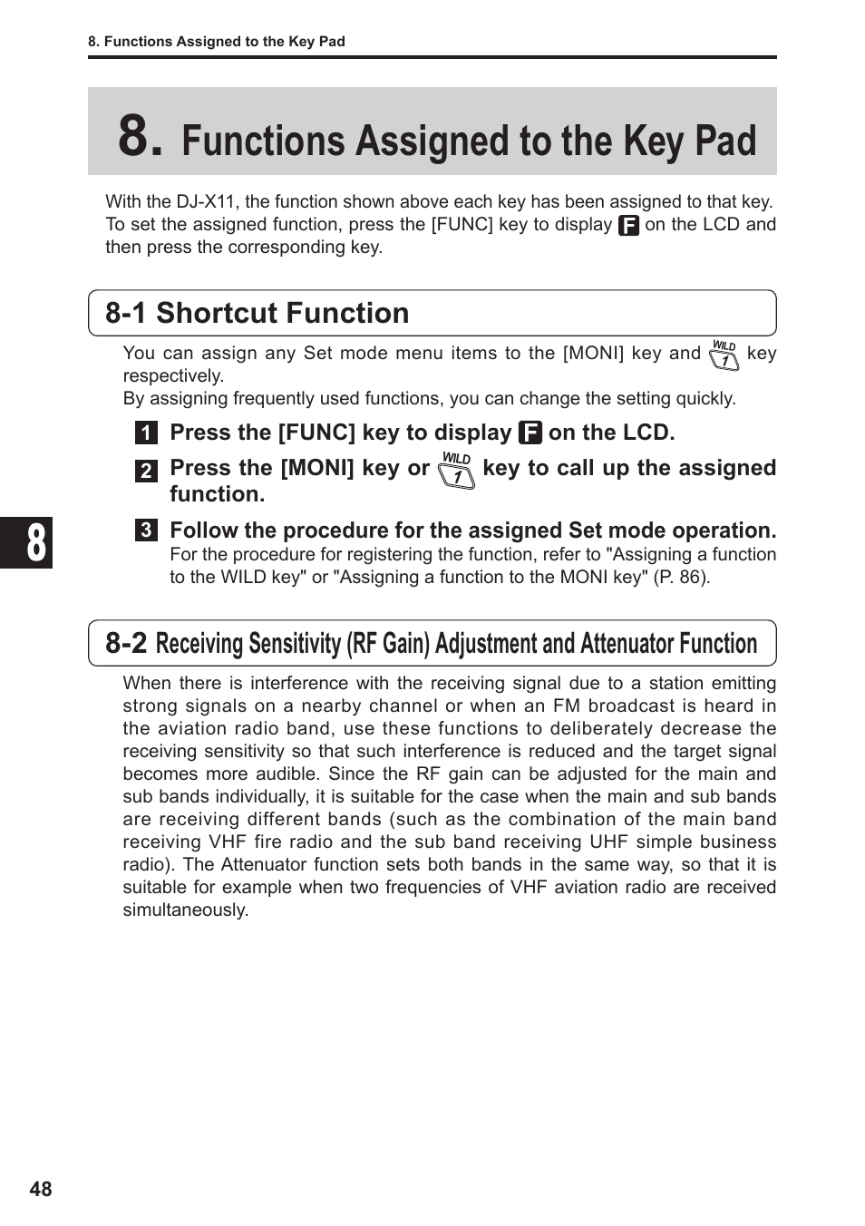 Functions assigned to the key pad, 1 shortcut function | Alinco DJ-X11 User Manual | Page 48 / 113