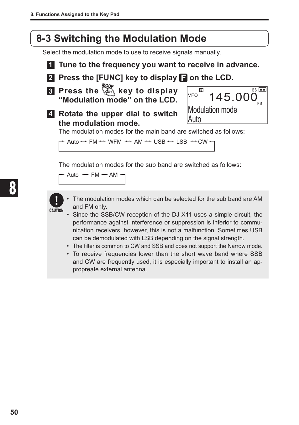 3 switching the modulation mode, Modulation mode auto | Alinco DJ-X11 User Manual | Page 50 / 113