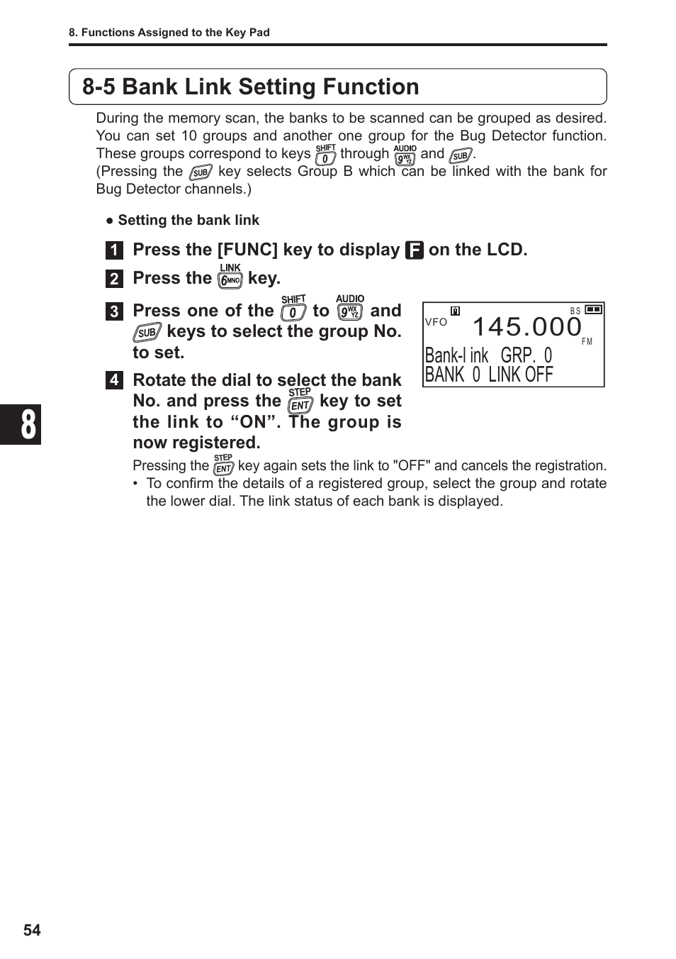 5 bank link setting function, Bank-l ink grp. 0 bank 0 link off | Alinco DJ-X11 User Manual | Page 54 / 113
